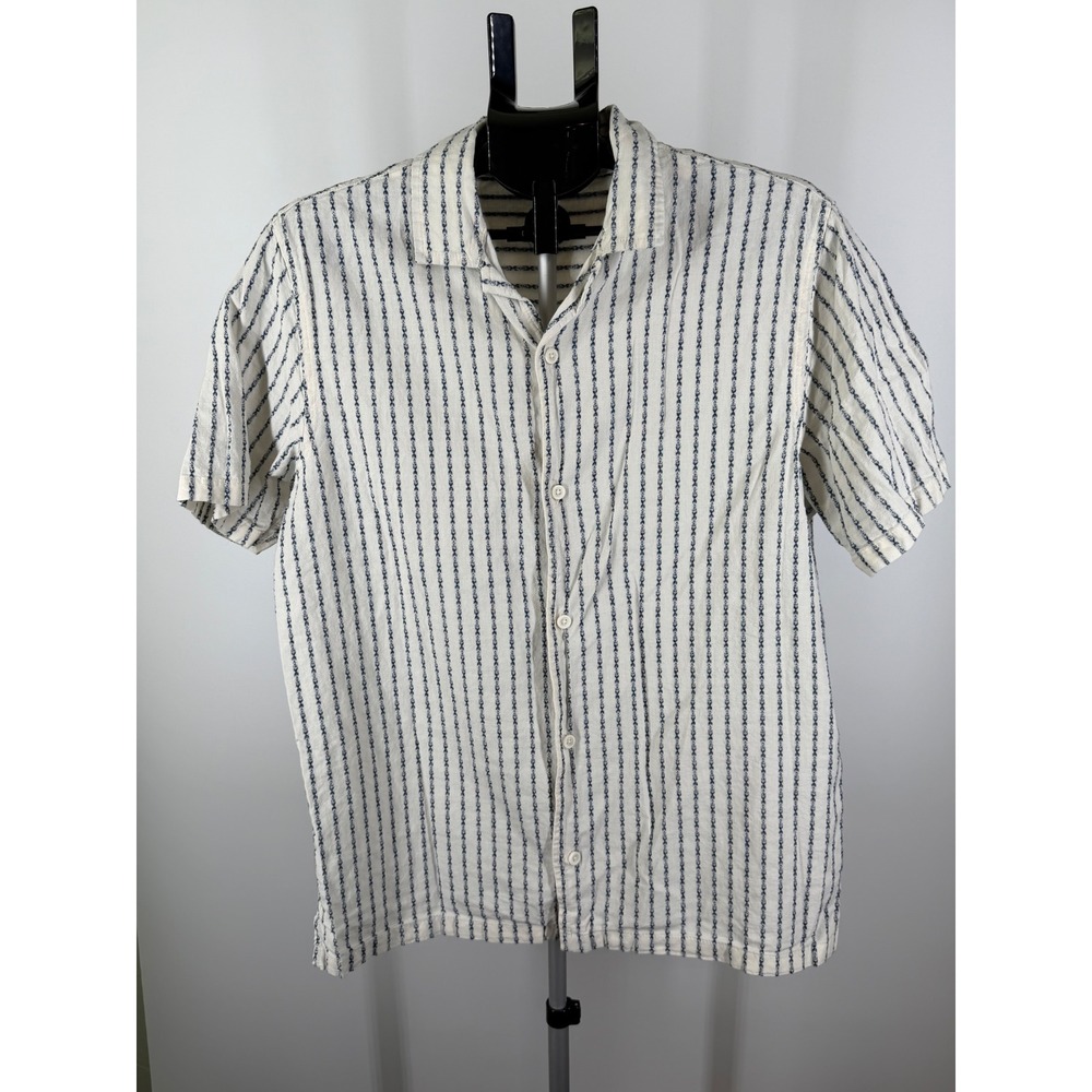 Common People Mens Cotton Linen Striped Short Sleeve Button Up Shirt ‎ L